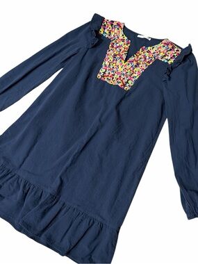 KIRUNDO Navy Long Sleeve Ruffle Hem Dress with Colorful Embroidered Yoke
